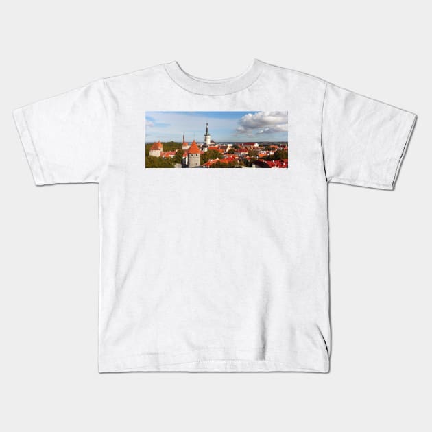 View from Toompea of the Lower Town, Old Town with Olai's Church or Oleviste Kirik, and a tower of the city wall, Tallinn, Estonia, Europe Kids T-Shirt by Kruegerfoto